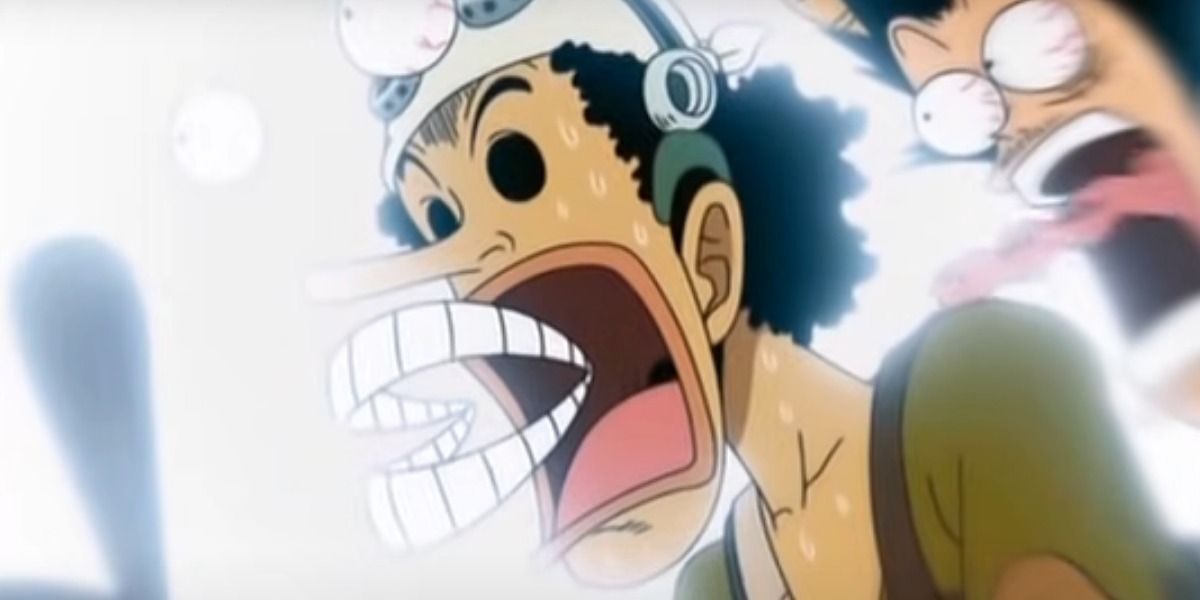 Usopp in shock and fear when he goes over the waterfall in Skypiea - One Piece
