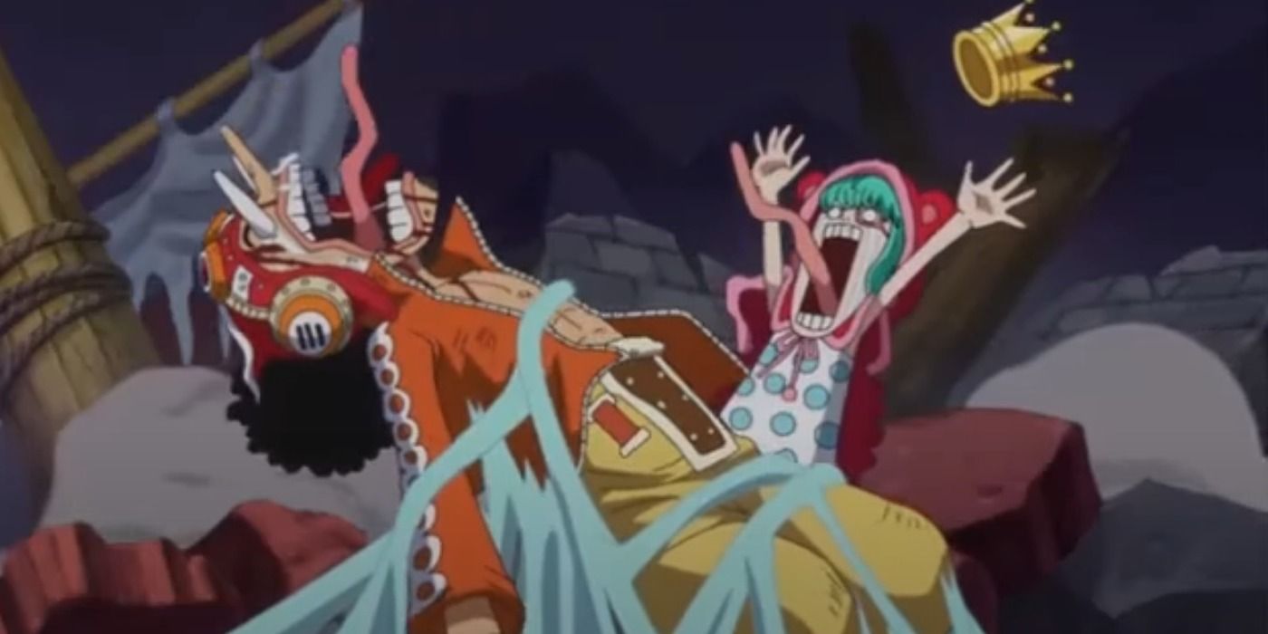 Usopp's reaction to the Poison Grape scares Sugar during the Dressrosa Arc in One Piece.