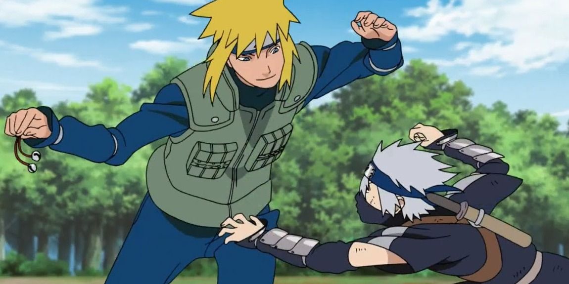 Kakashi tries to take a bell from Minato in Naruto.