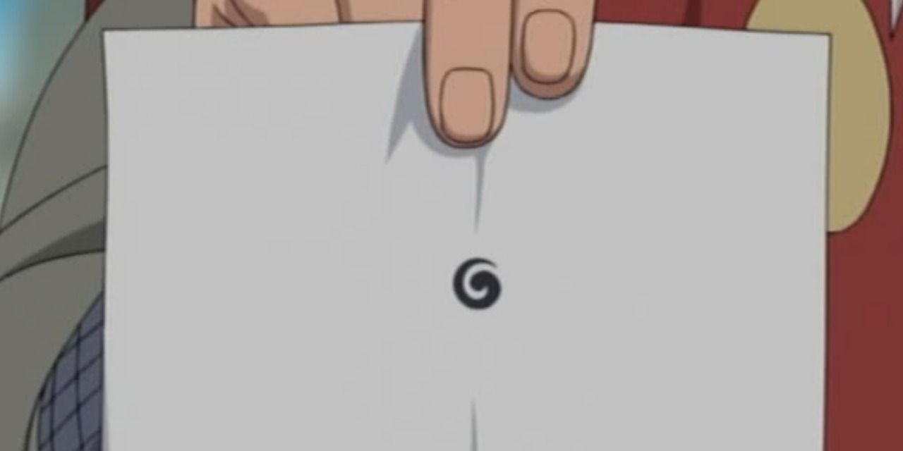 Jiraiya holds up paper with spiral in Naruto.
