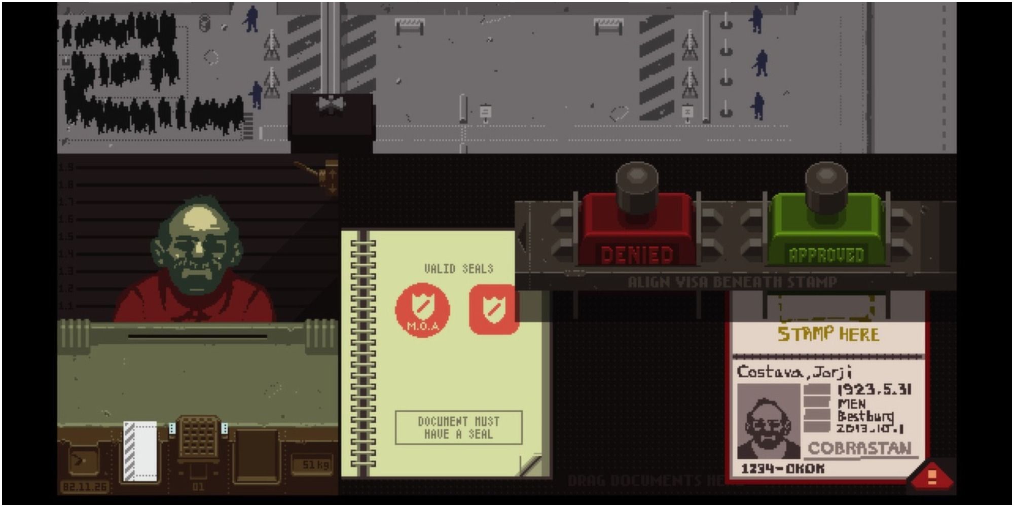 A man presents hit documentation at the border in Papers, Please