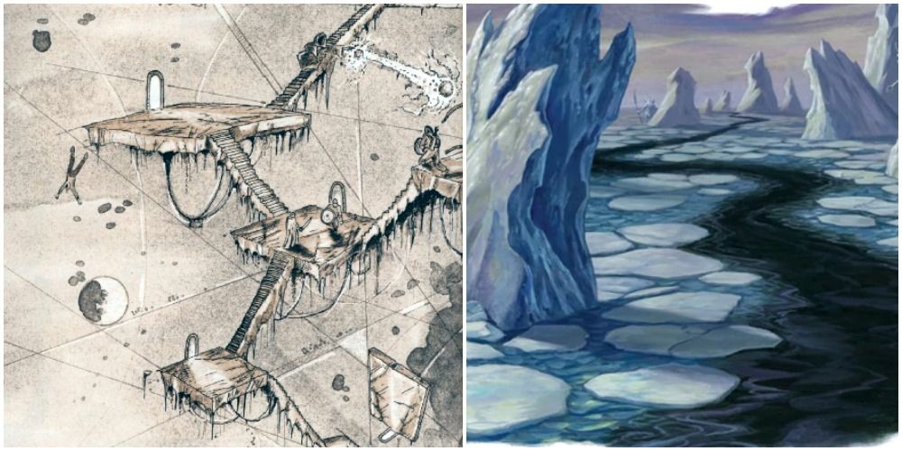 a split image of a staircase out in space and an icy, dark river from dnd