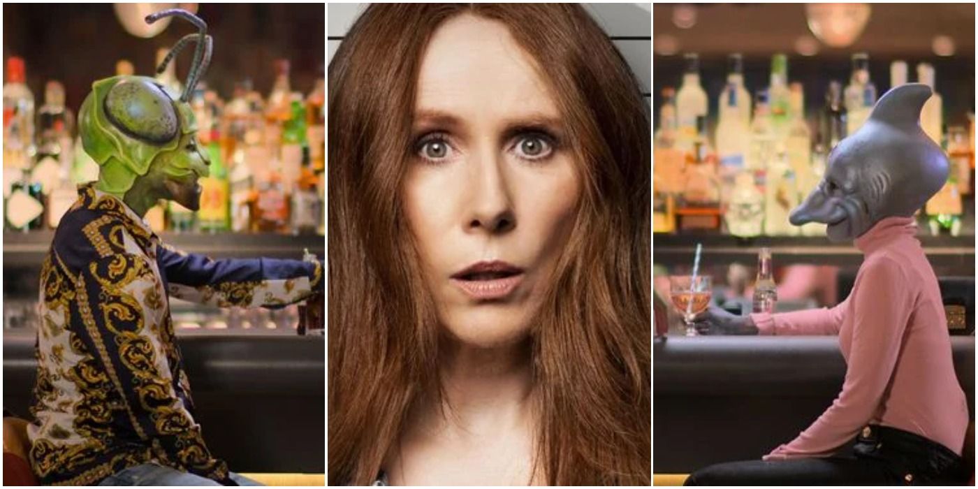 a screenshot from sexy beasts split in two with catherine tate's face in the middle. A person in a mantis mask and one in a dolphin mask sit on either side of her. 