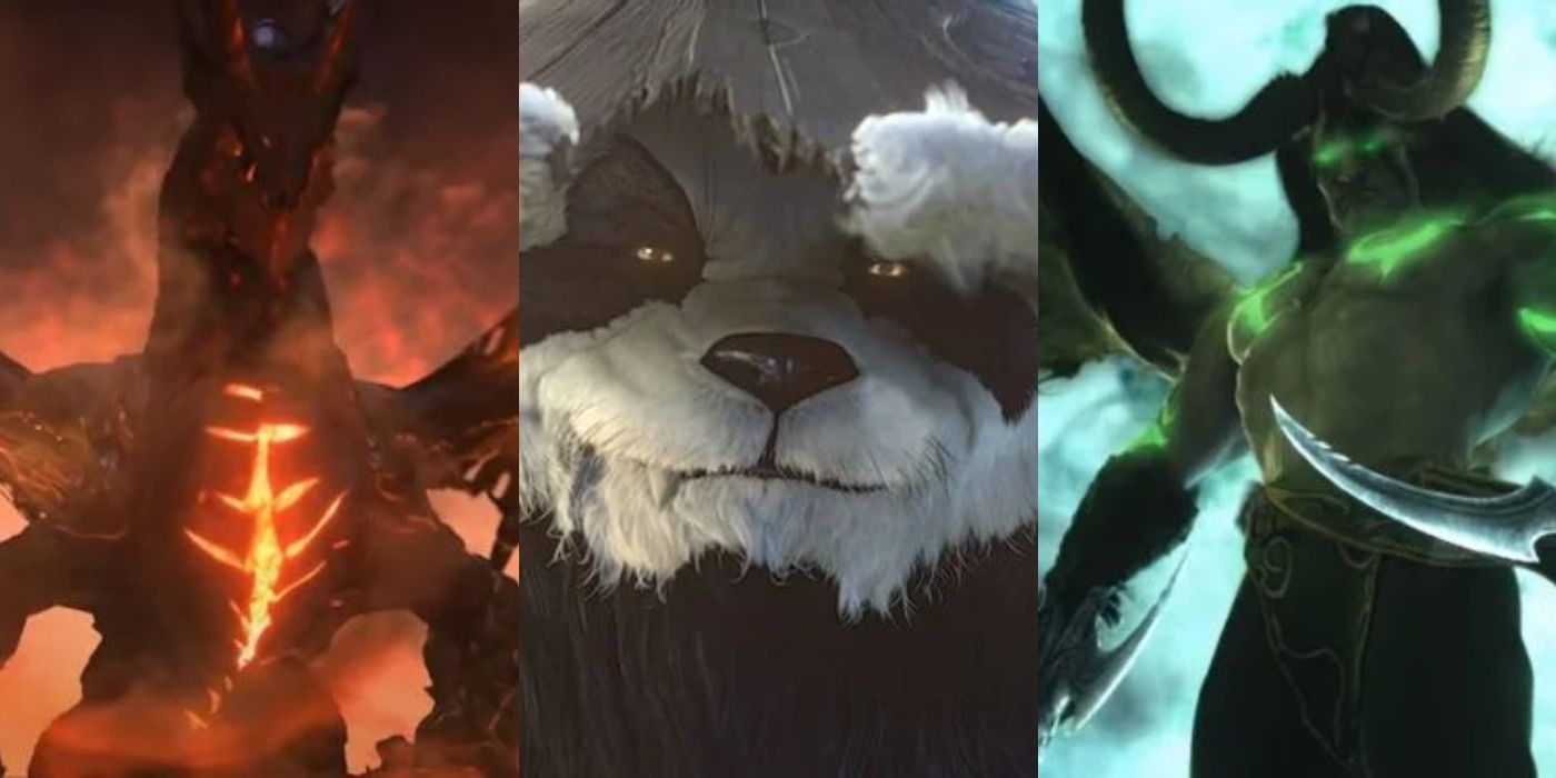 Three images from world of warcraft,a  firey dragon, a panderan, and a green horned devil