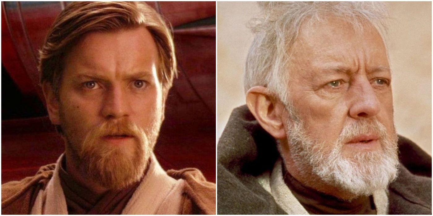 Ewan McGregor as young Obi-Wan (Revenge of the Sith), Alec Guiness as old Obi-Wan (A New Hope)