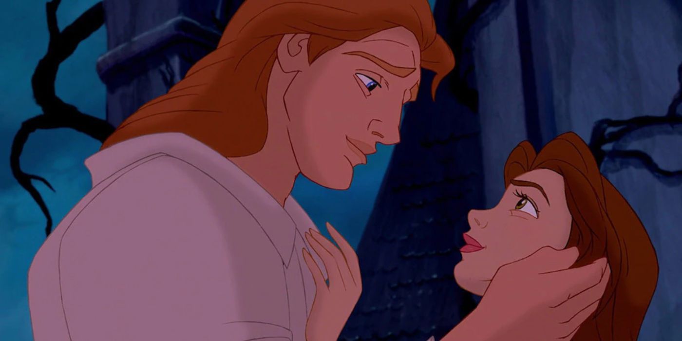 Prince Adam and Belle embracing in Beauty and the Beast.