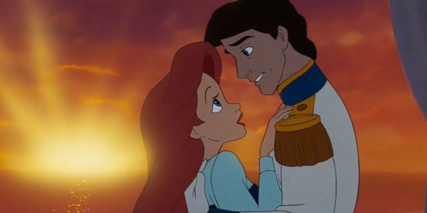 Prince Eric and Ariel in front of the sunset in Disney's Little Mermaid