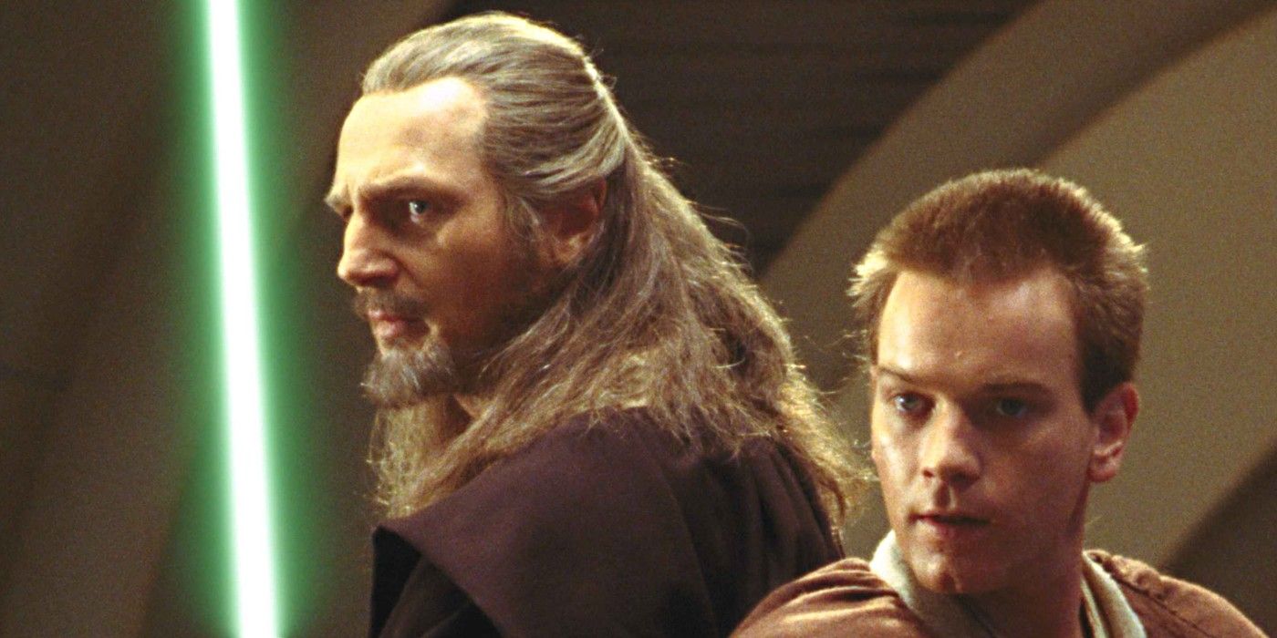 Qui-Gon Jinn and Obi-Wan Kenobi prepare for battle in Star Wars: The Phantom Menace