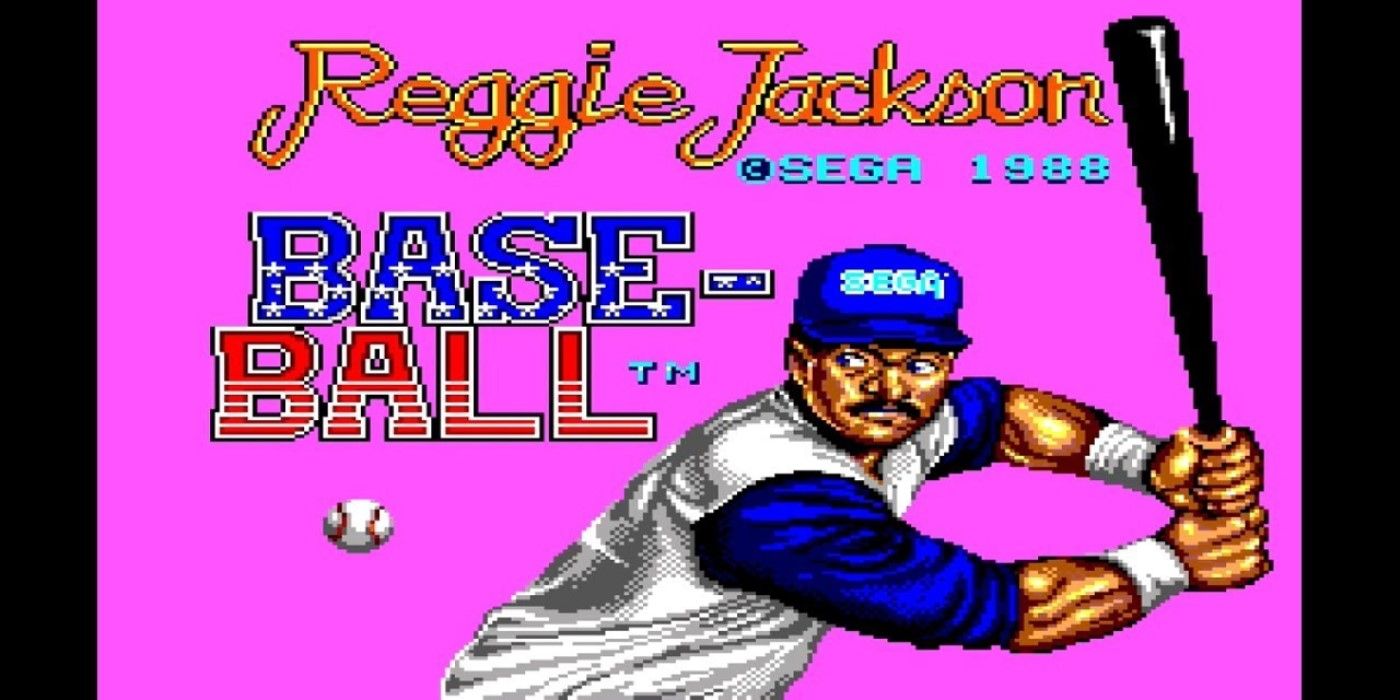 Title screen of Reggie Jackson Baseball, featuring a magenta background and Reggie Jackson holding a baseball bat