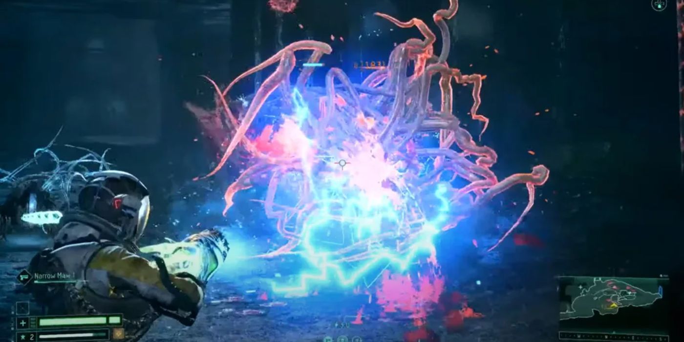 A screenshot from returnal showing Selene, in third person, shooting an alien that is made of tentacles.