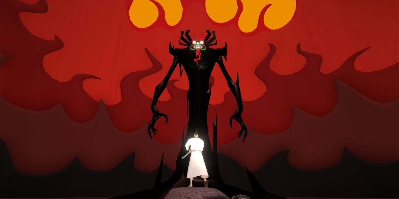 Samurai Jack stands in front of Aku