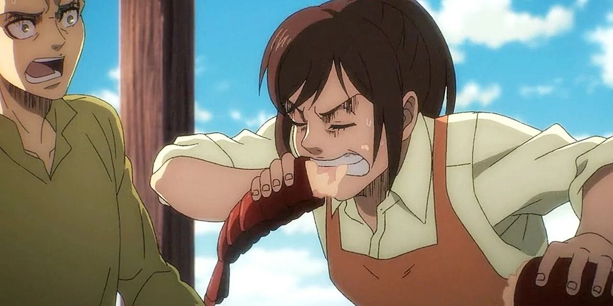 Sasha eating a lobster tail in Attack on Titan