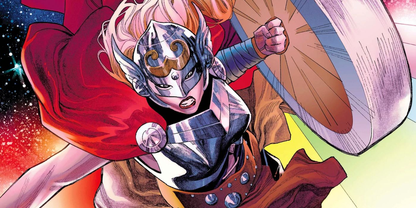 Marvel's Jane Foster Thor, swinging her hammer and traveling the cosmos.