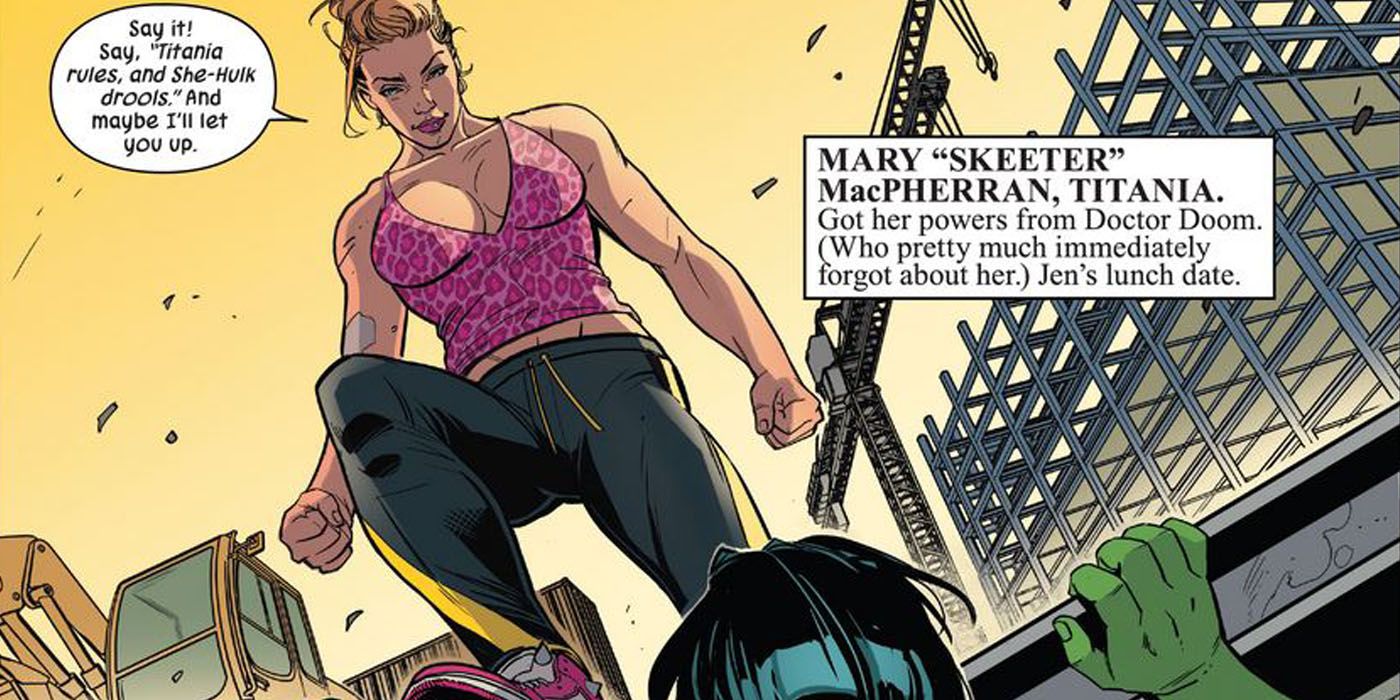 Titania stands dominatingly over She-Hulk pinned under a beam in a construction yard