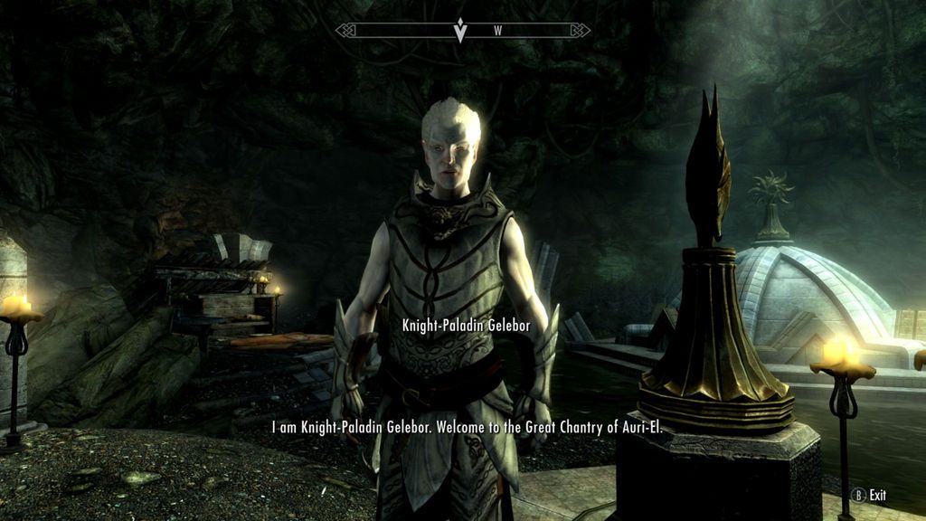 Knight-Paladin Gelebor, one of the only remaining Snow Elves, in "Touching the Sky," a quest in The Elder Scrolls V: Skyrim - Dawnguard