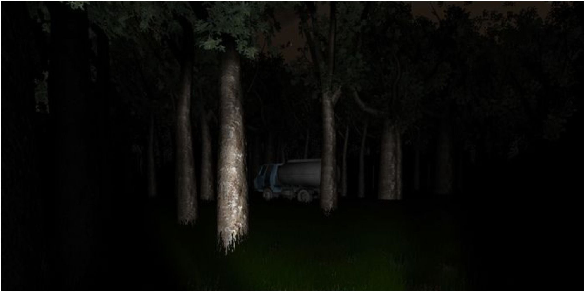 A blue and grey truck in the woods, one of the locations in Slender: The Eight Pages