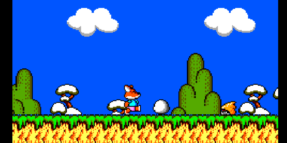 Screenshot of the Sega Master System game "Psycho Fox," featuring Fox (center) and a snail monster (right).