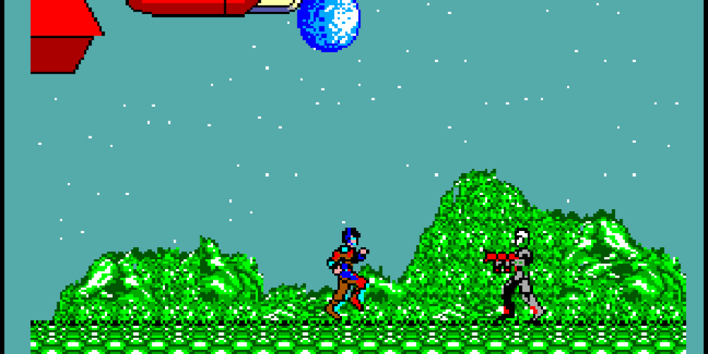 Cropped screenshot from Sega Master System game Zillion, featuring protagonist J.J. in red and blue and a Noza Warrior in gray and red.