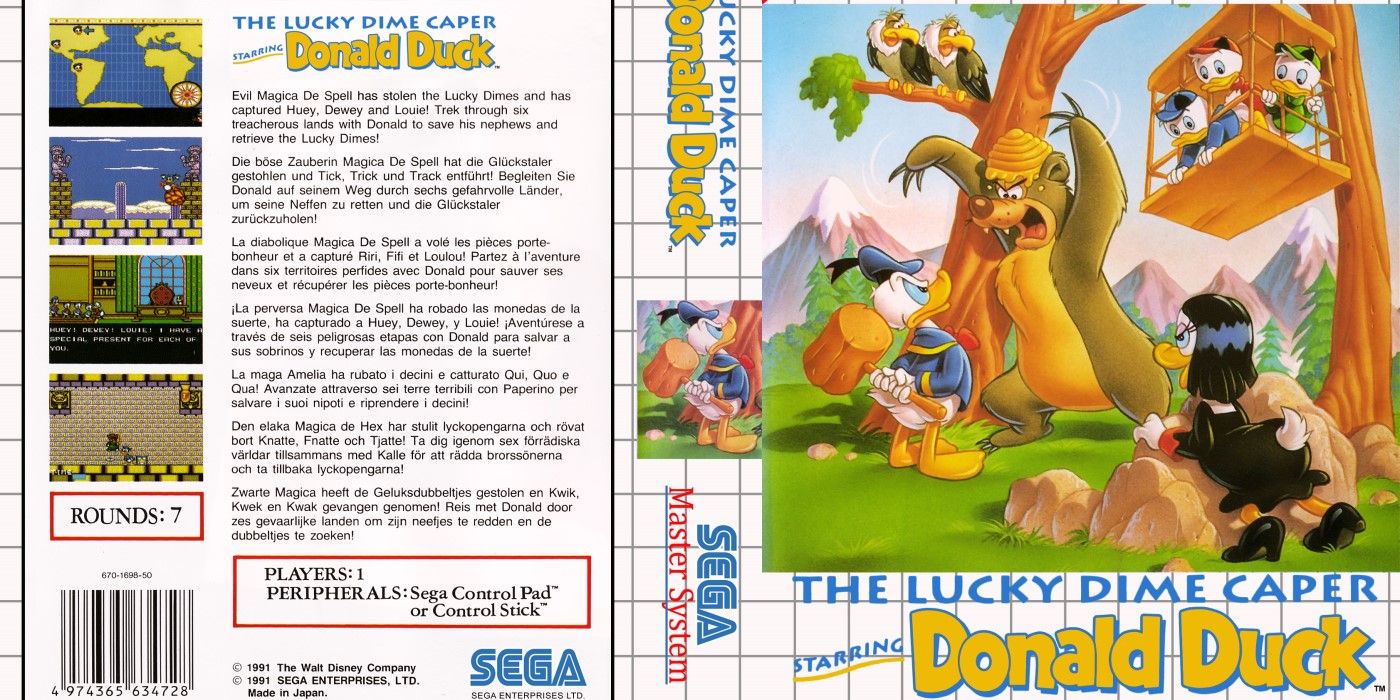A cropped image of the cover of the European package of The Lucky Dime Caper, Starring Donald Duck. Featuring front cover art, a gray-on-white grid pattern, and back cover text and screenshots.