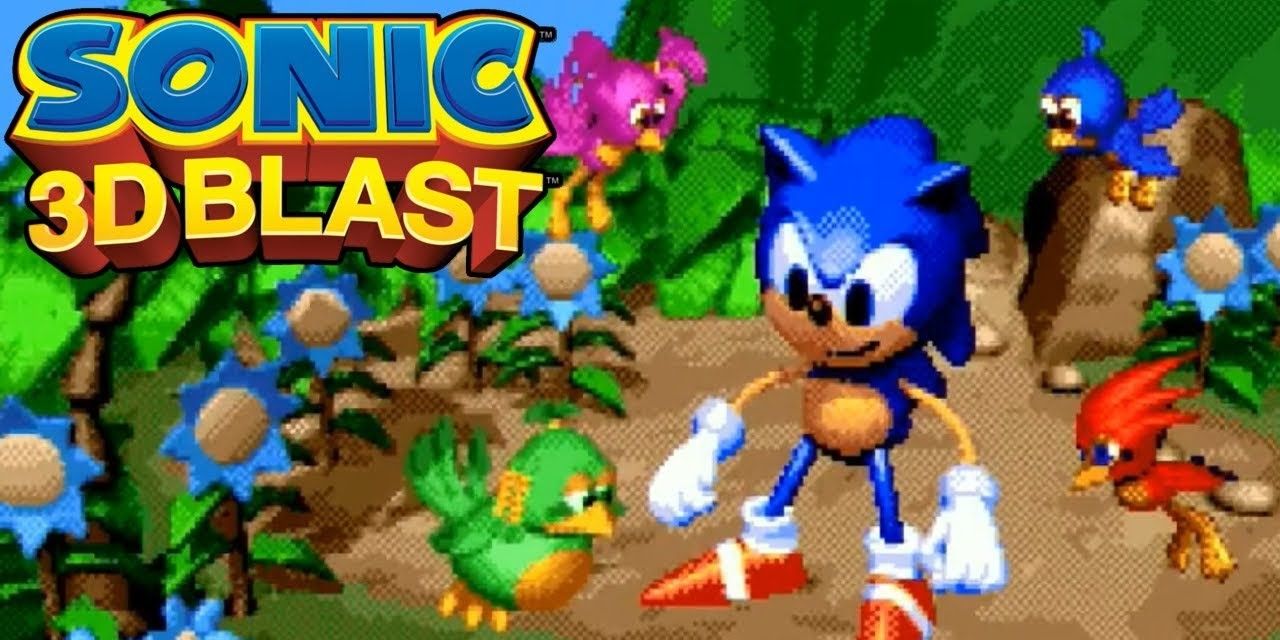 The title image of Sonic 3D Blast, featuring a 3D rendered Sonic and bird friends.