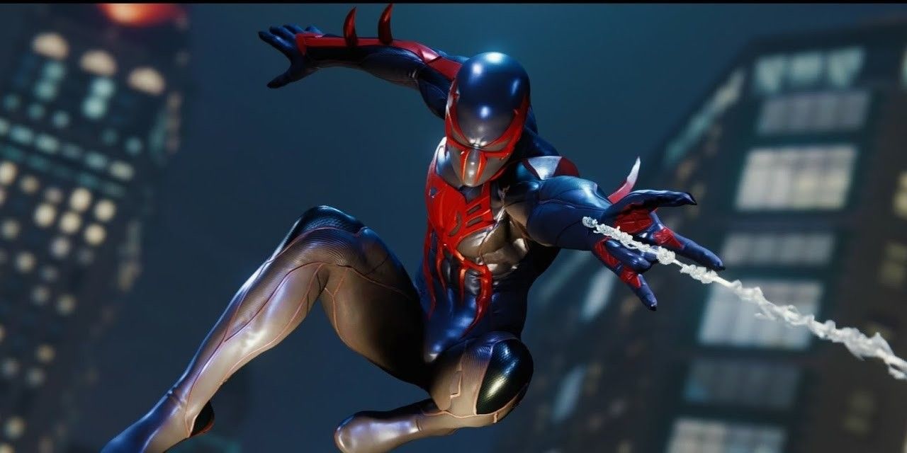 Spider-Man wearing the Spider-Man 2099 Black Suit from Spider-Man PS4
