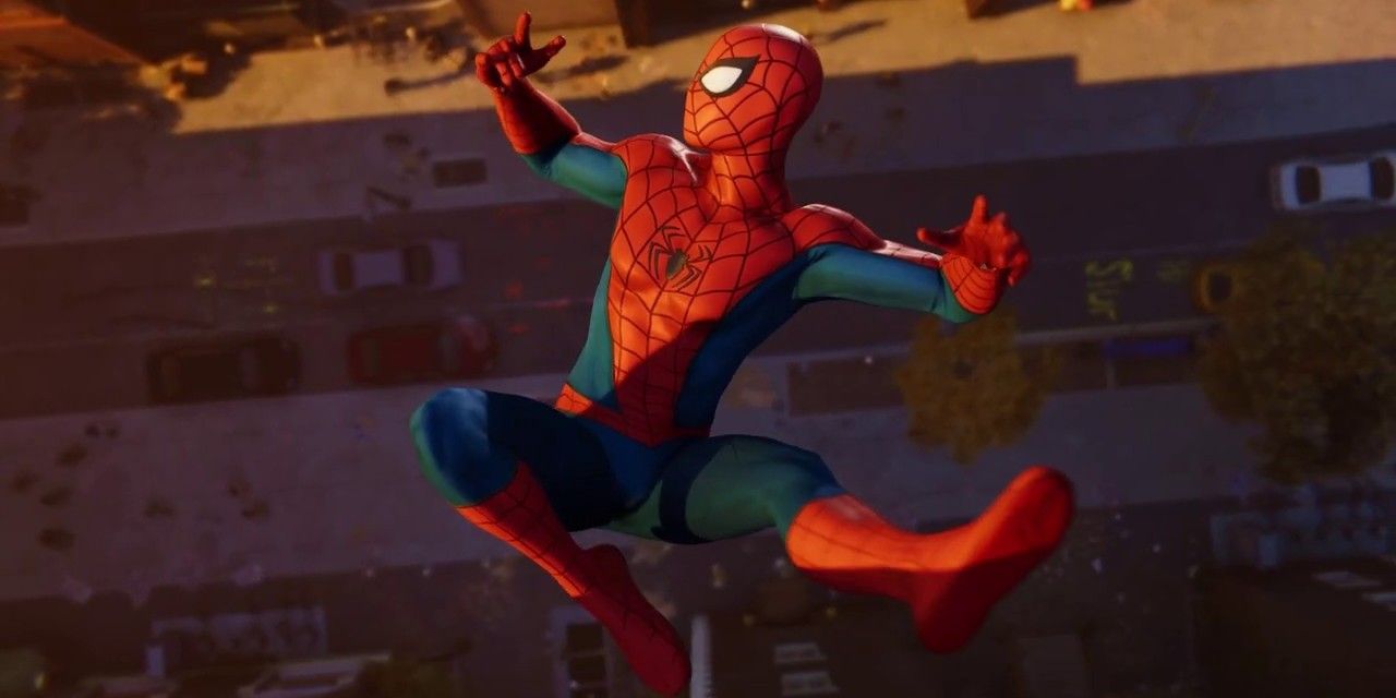 Spider-Man midair in the Classic suit from Spider-Man PS4