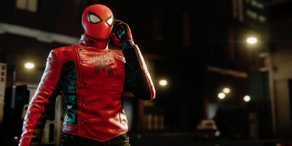 Spider-Man on the phone in the Last Stand suit from Spider-Man PS4