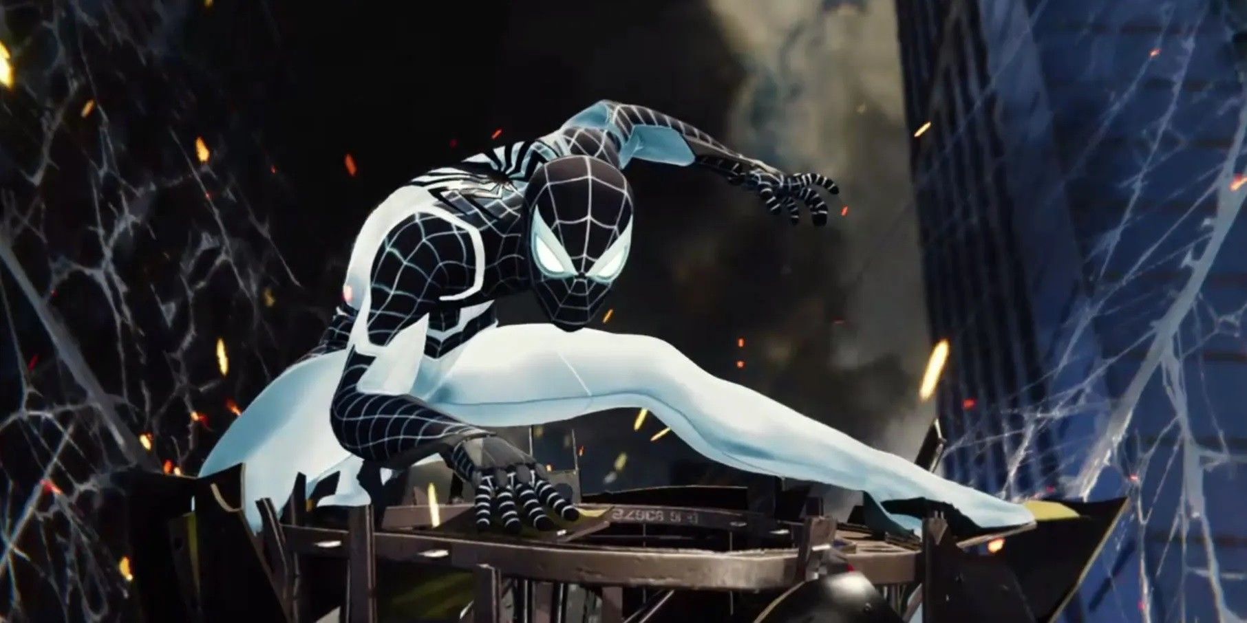 Spider-Man crouches in the Negative Suit from Spider-Man PS4