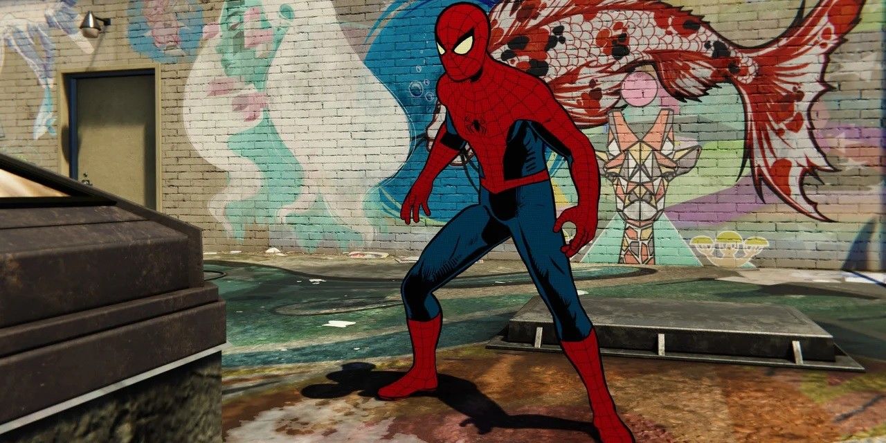 Spider-Man stands on a roof in front of a mural wearing the Vintage Comic Book Suit from Spider-Man PS4