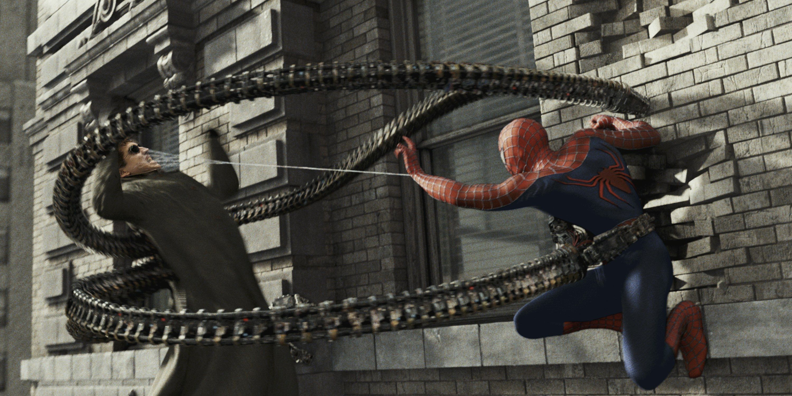 Spider-Man shooting a web at Doc Ock in spiderman 2