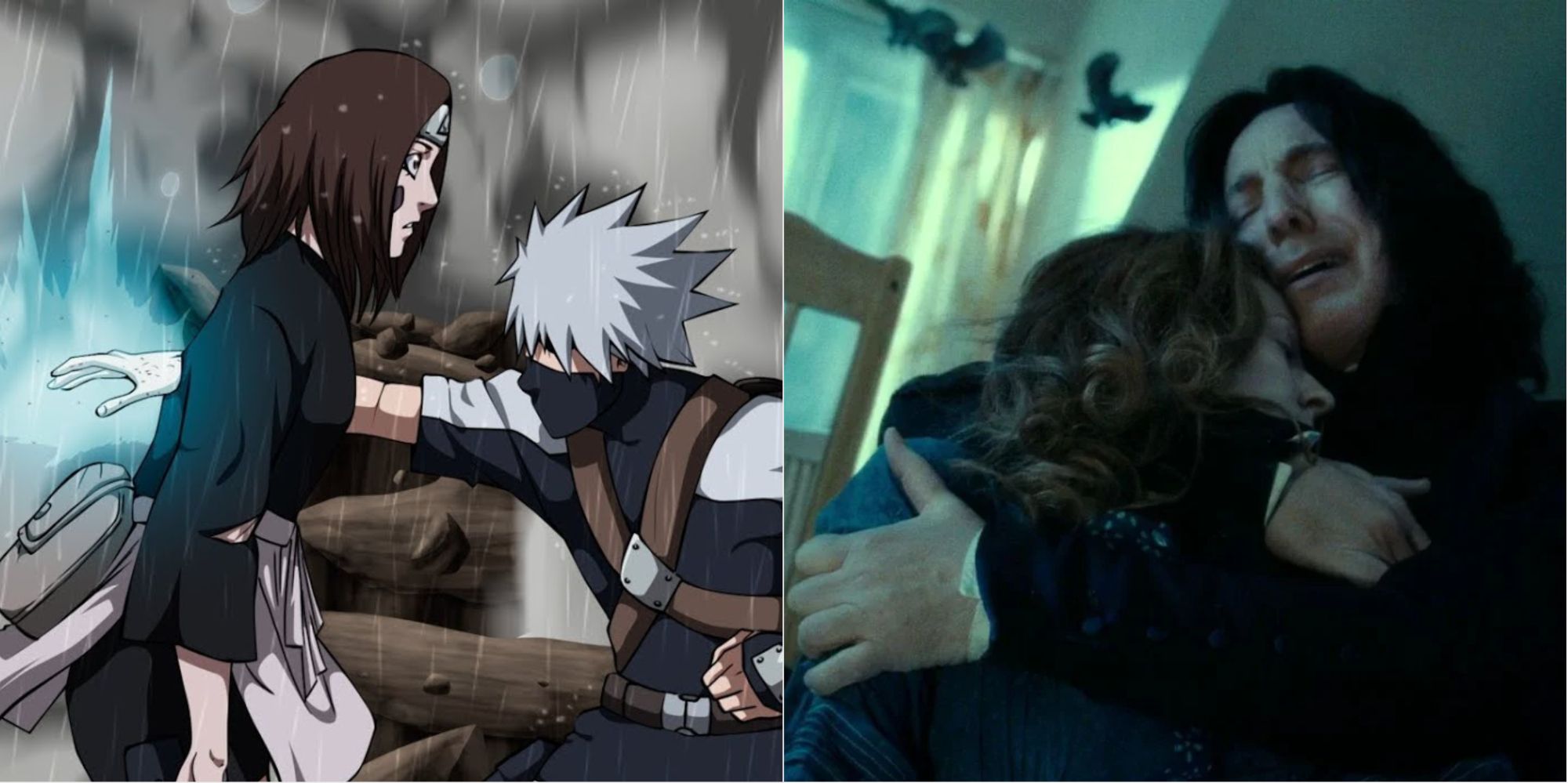 split image of kakashi killing rin and severus snape holding a dead lily evans