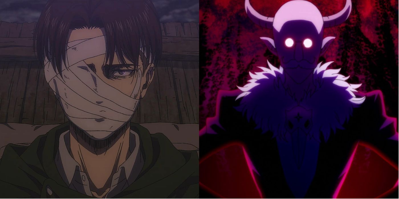 split image of levi ackerman attack on titan and sullivan welcome to demon school iruma-kun