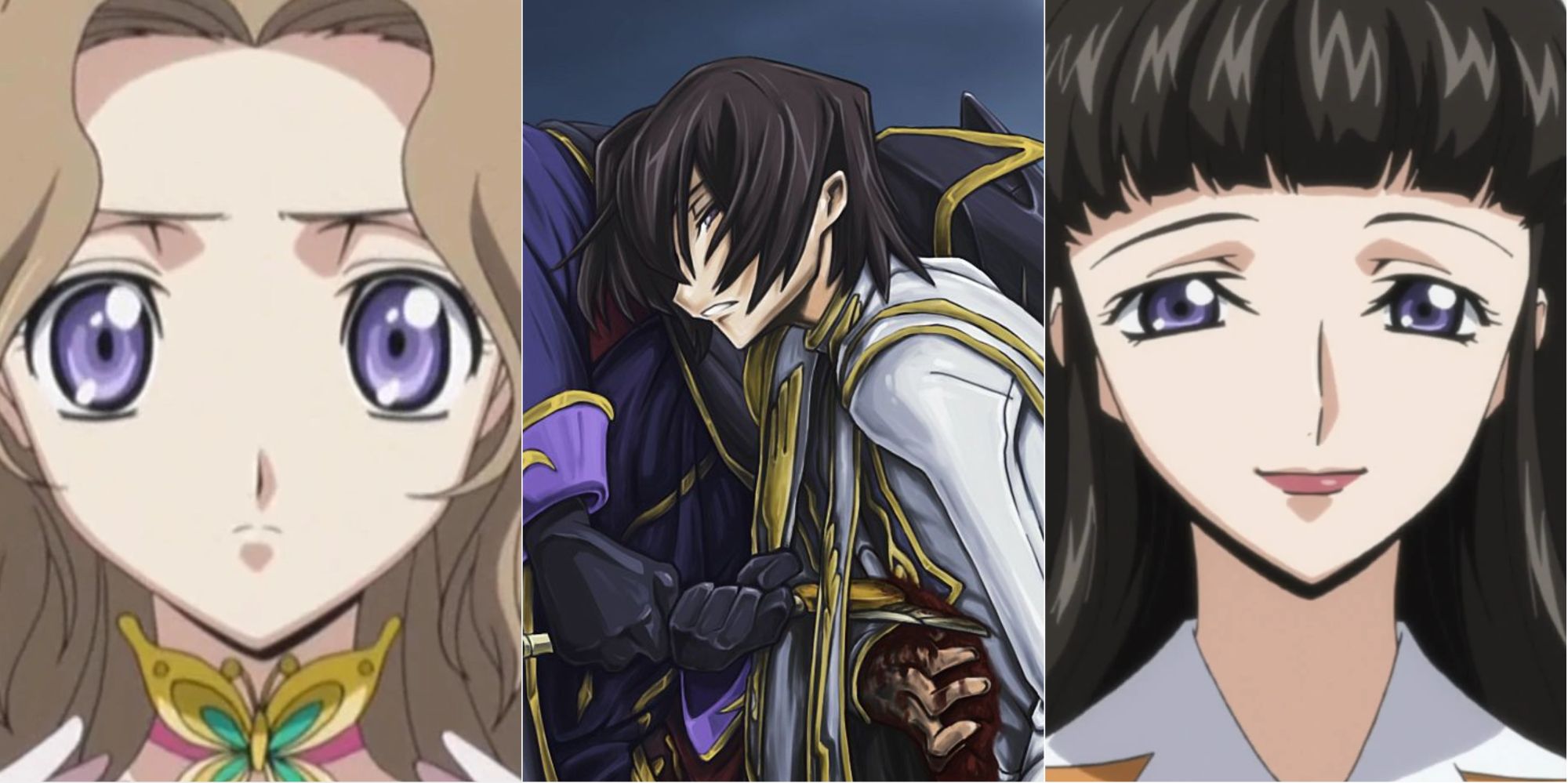 split image of nunnally, lelouch being stabbed by zero, and marianne code geass