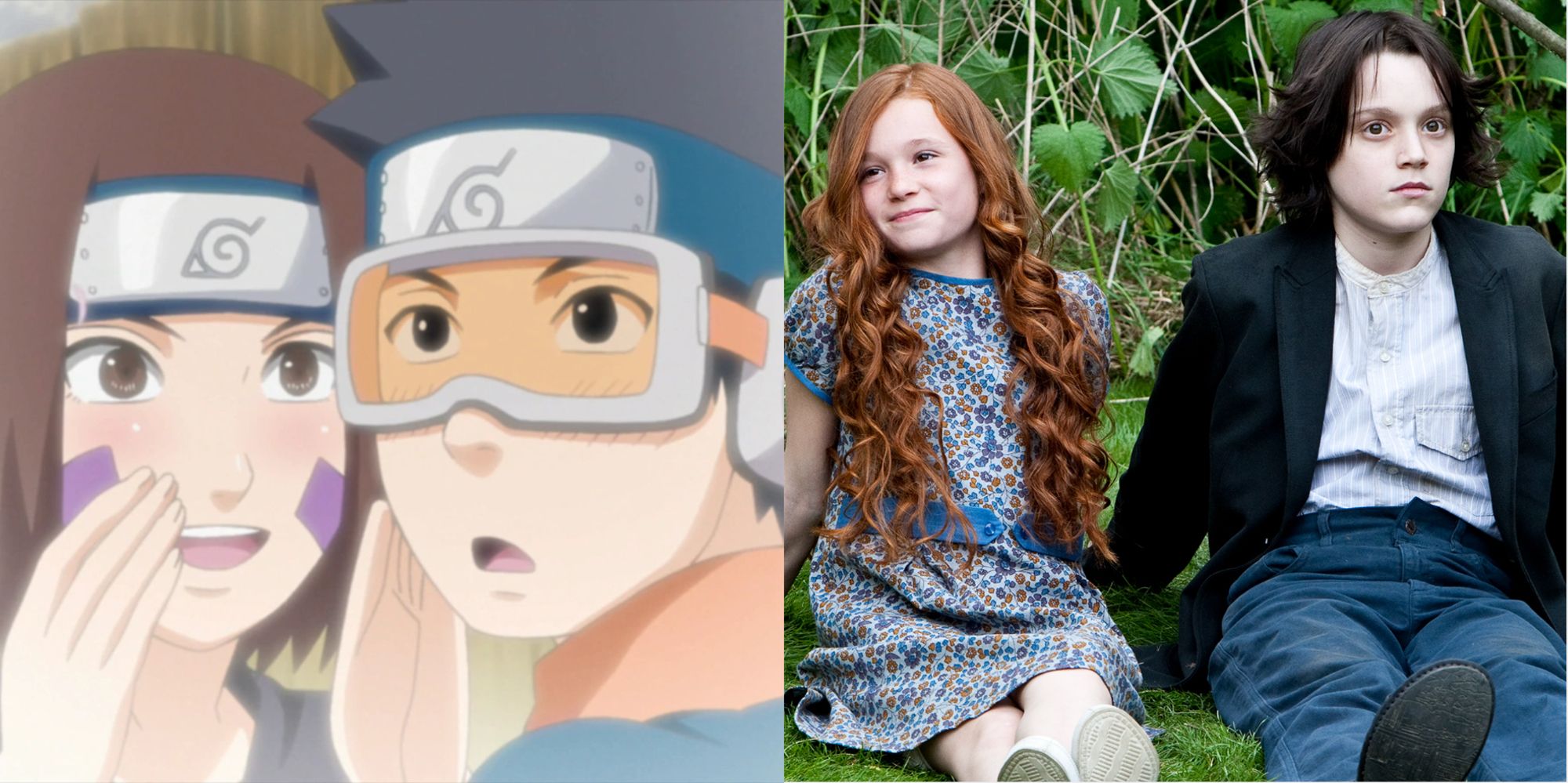 split image of obito uchiha and rin nohara and lily evans and severus snape as kids