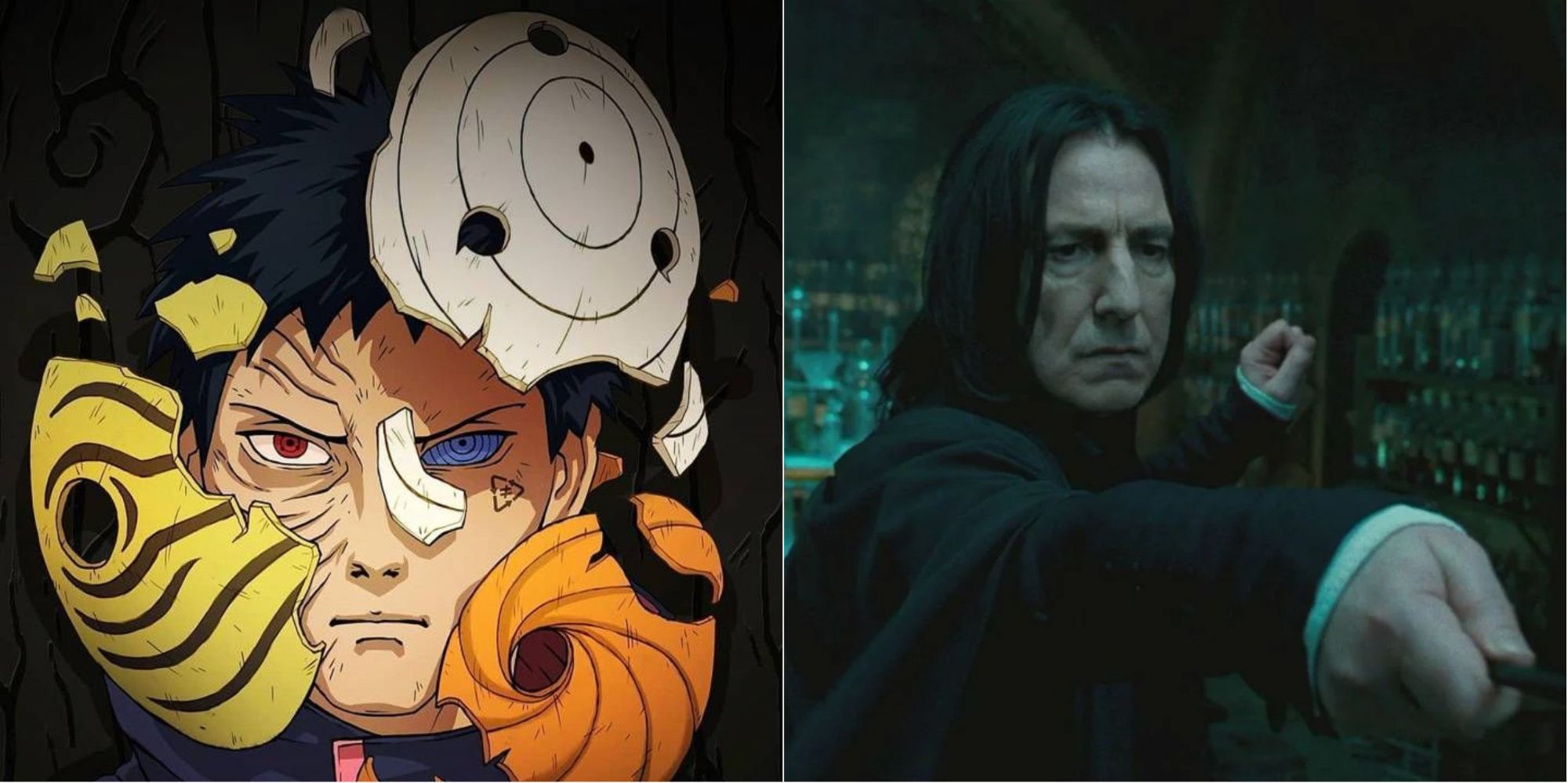 split image of obito uchiha with his masks and severus snape pointing his wand