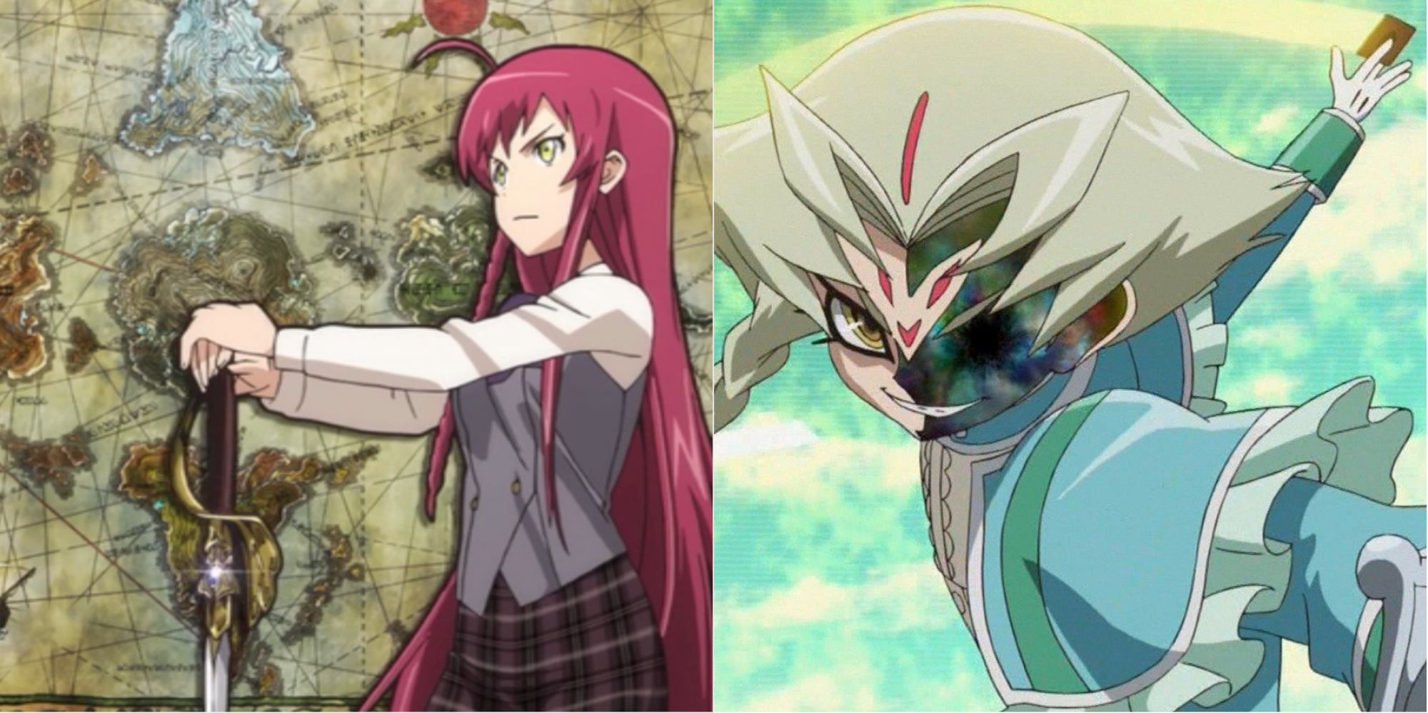 split image of the devil is a part-timer emilia justina emi yusa and vetrix tron yu-gi-oh