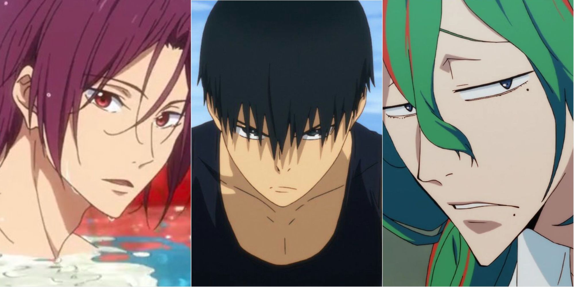 split image of rin matsuoka free, kakeru kurahara run with the wind, and yusuke makishima yowamushi pedal