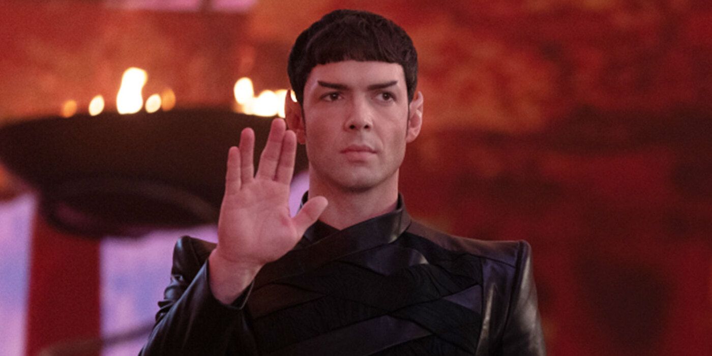 Spock, played by actor Ethan Peck, gives the Vulcan salute on Star Trek: Strange New Worlds 
