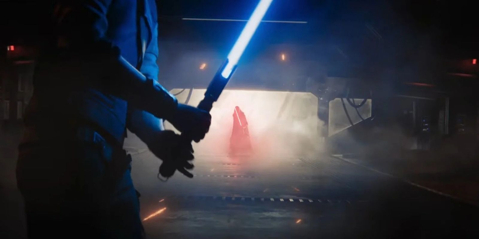 Cal Kestis battling a mysterious figure in Star Wars Jedi: Fallen Order
