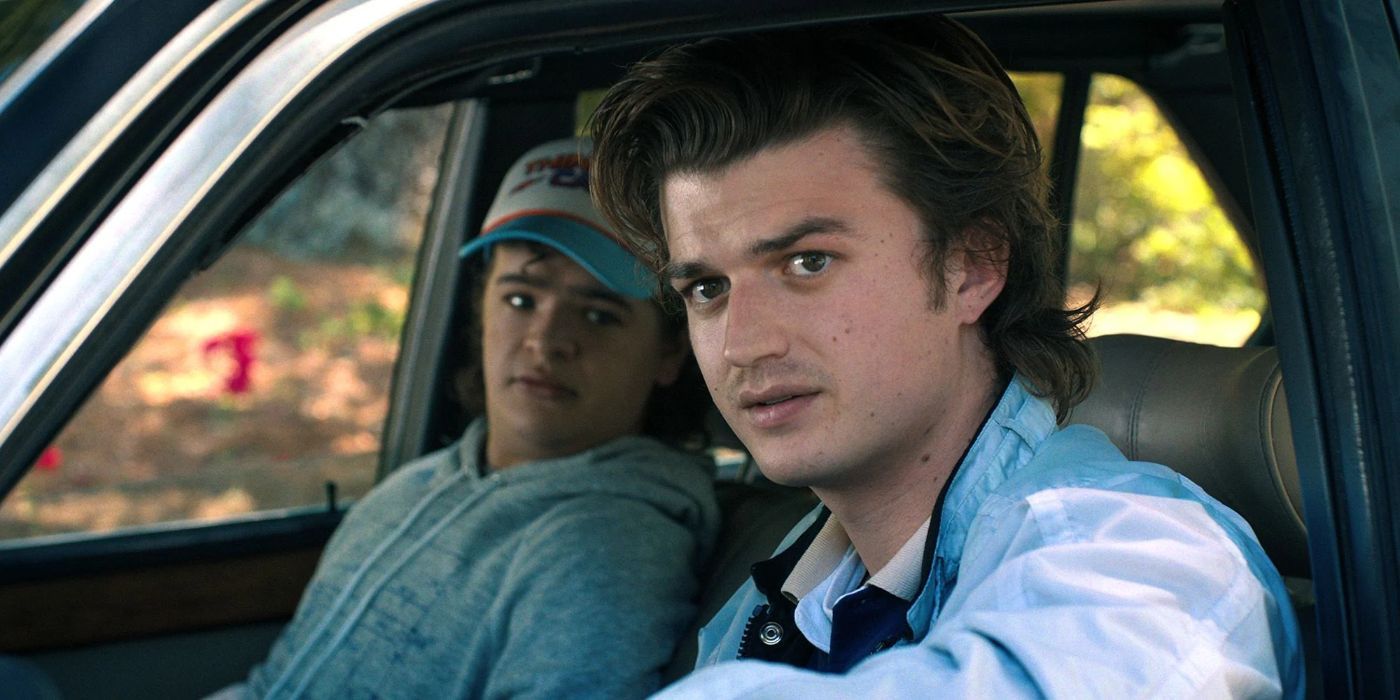 Steve and Dustin in the car in Stranger Things.