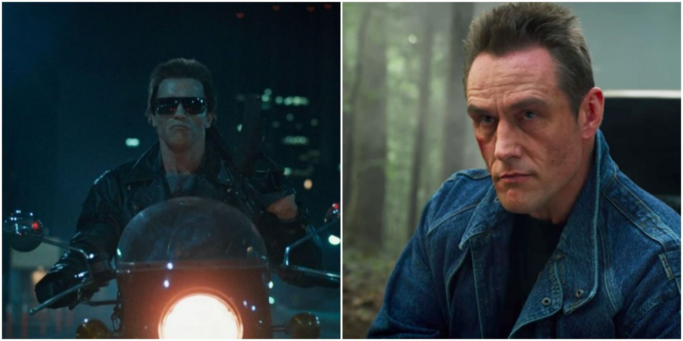 The Terminator with Arnold Schwarzenegger on a motorbike and similar Stranger Things actor.