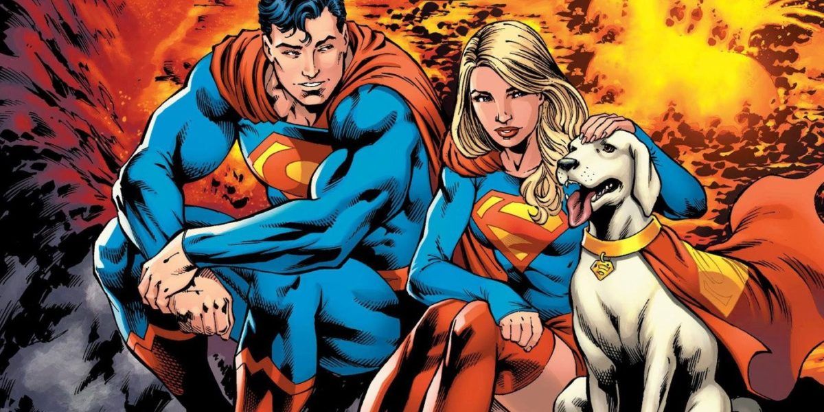 Superman sitting next to Supergirl petting Krypto the Superdog in DC Comics