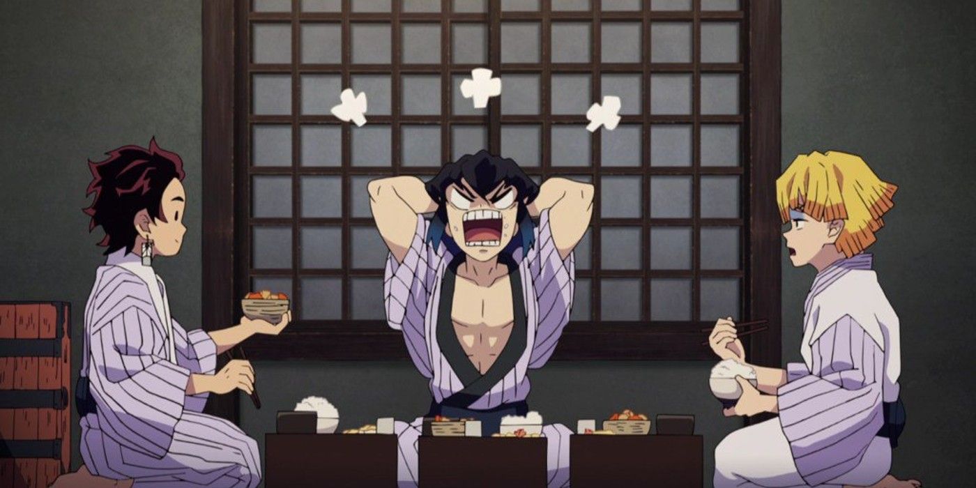 Inosuke tries to provoke Tanjiro by stealing food