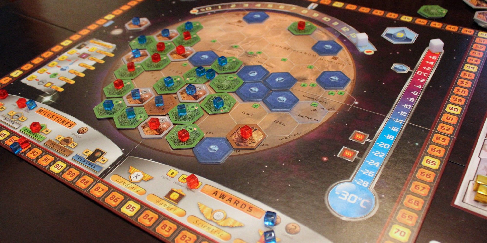 A board setup for the board game Terraforming Mars.