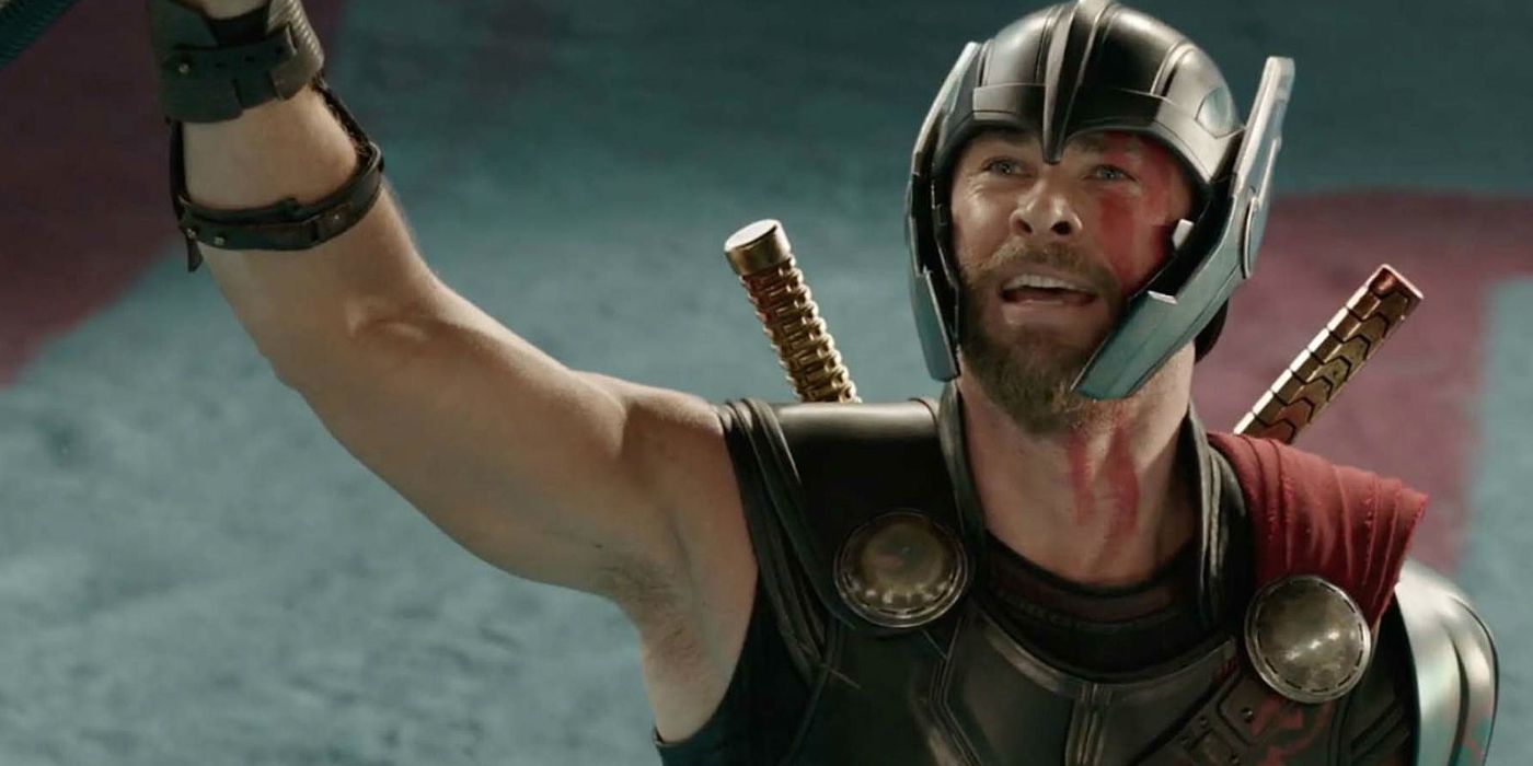 Thor looking to the crowd smiling in Thor: Ragnarok