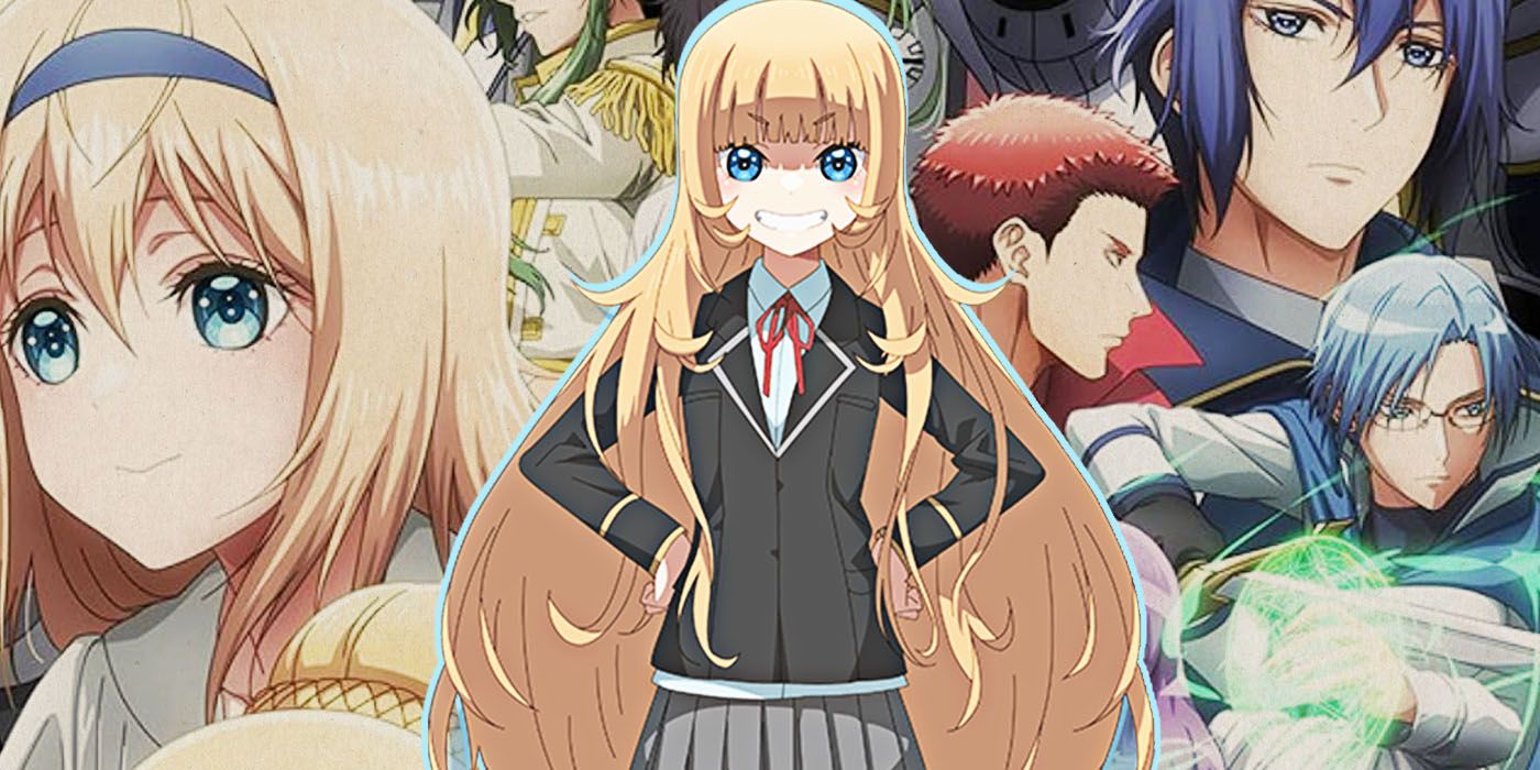 Marie stands in the foreground of a composite image featuring the cast of Trapped in a Dating Sim
