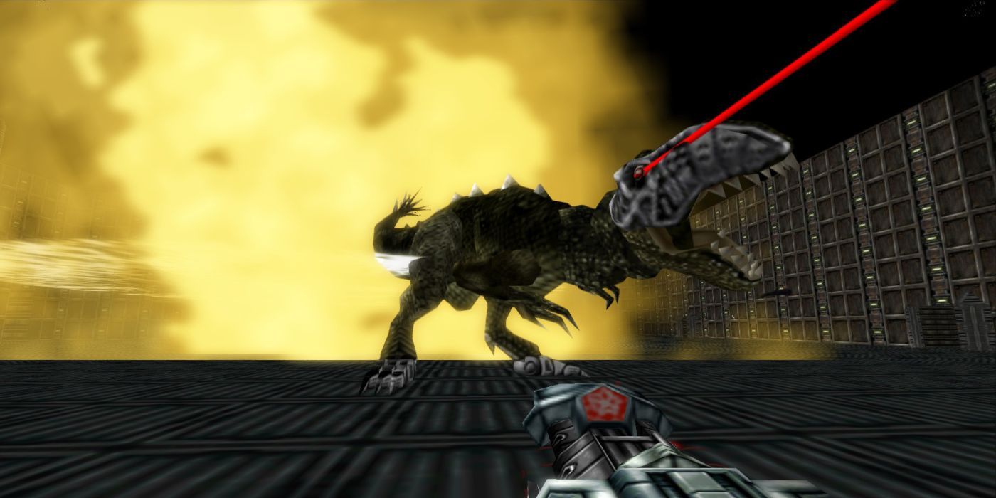 T-rex Boss Thunder from Turok Dinosaur Hunter shooting lasers out of eyes