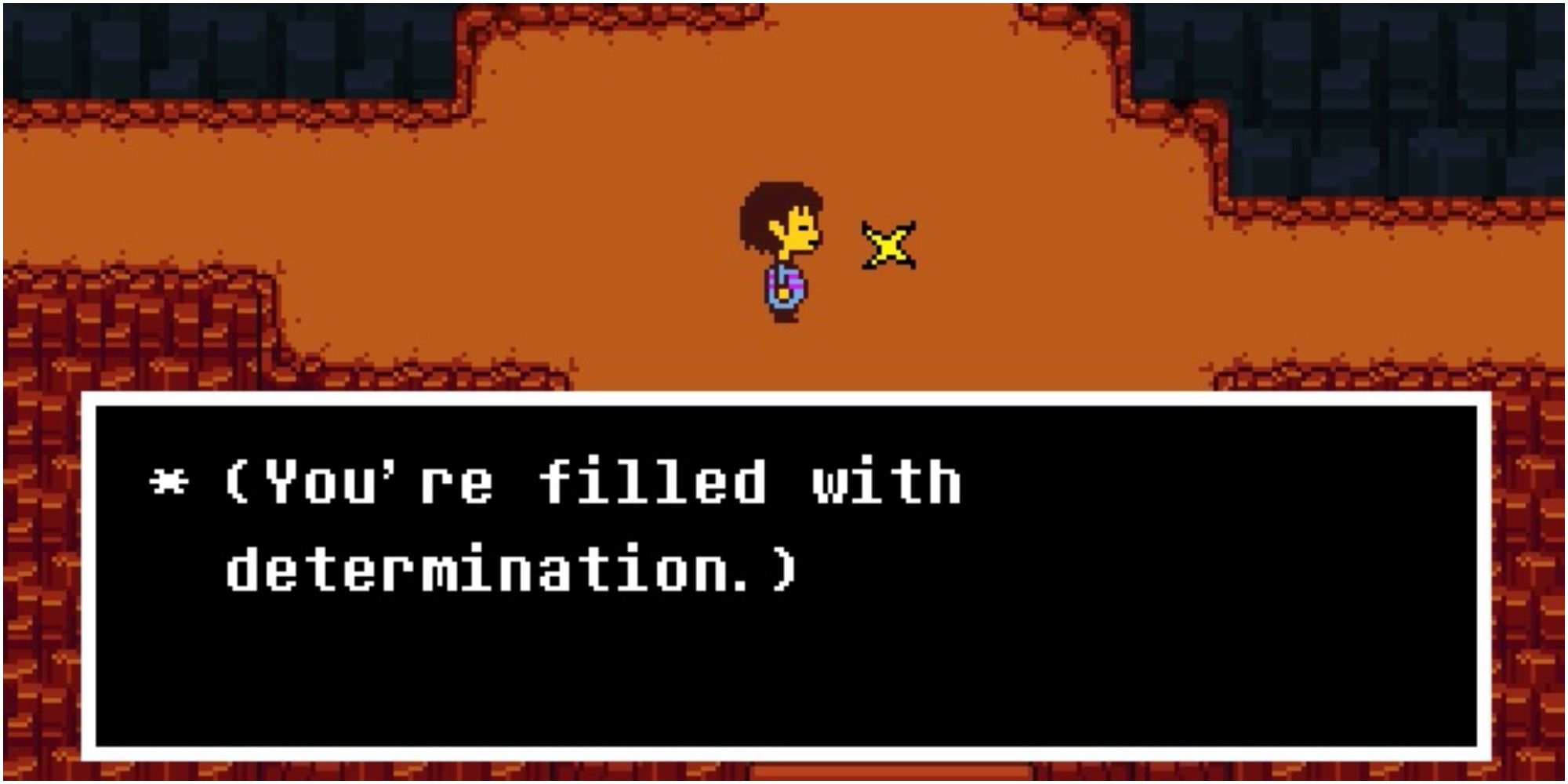 Frisk stands at a save point in Undertale. The text reads "You're filled with determination."