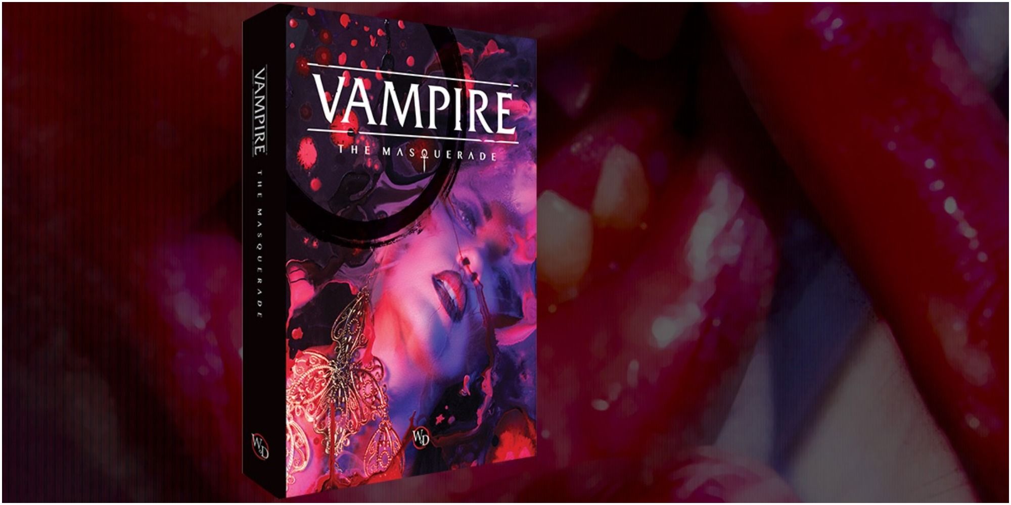 The Vampire: The Masquerade sourcebook, with a bloodied mouth in the background