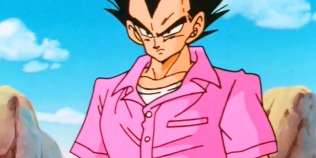 Vegeta in a pink shirt in Dragon Ball.
